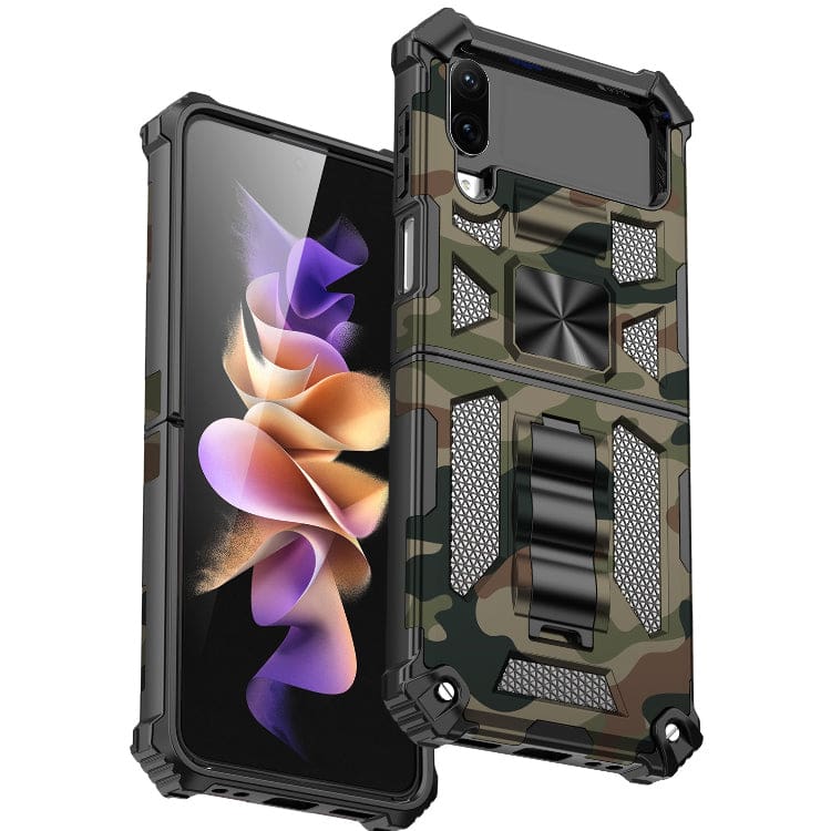Samsung Galaxy Z Flip 4 Rugged Armor Protective Cover, Shock Resistant, Fold Out Stand, Metal Patch - Image 9