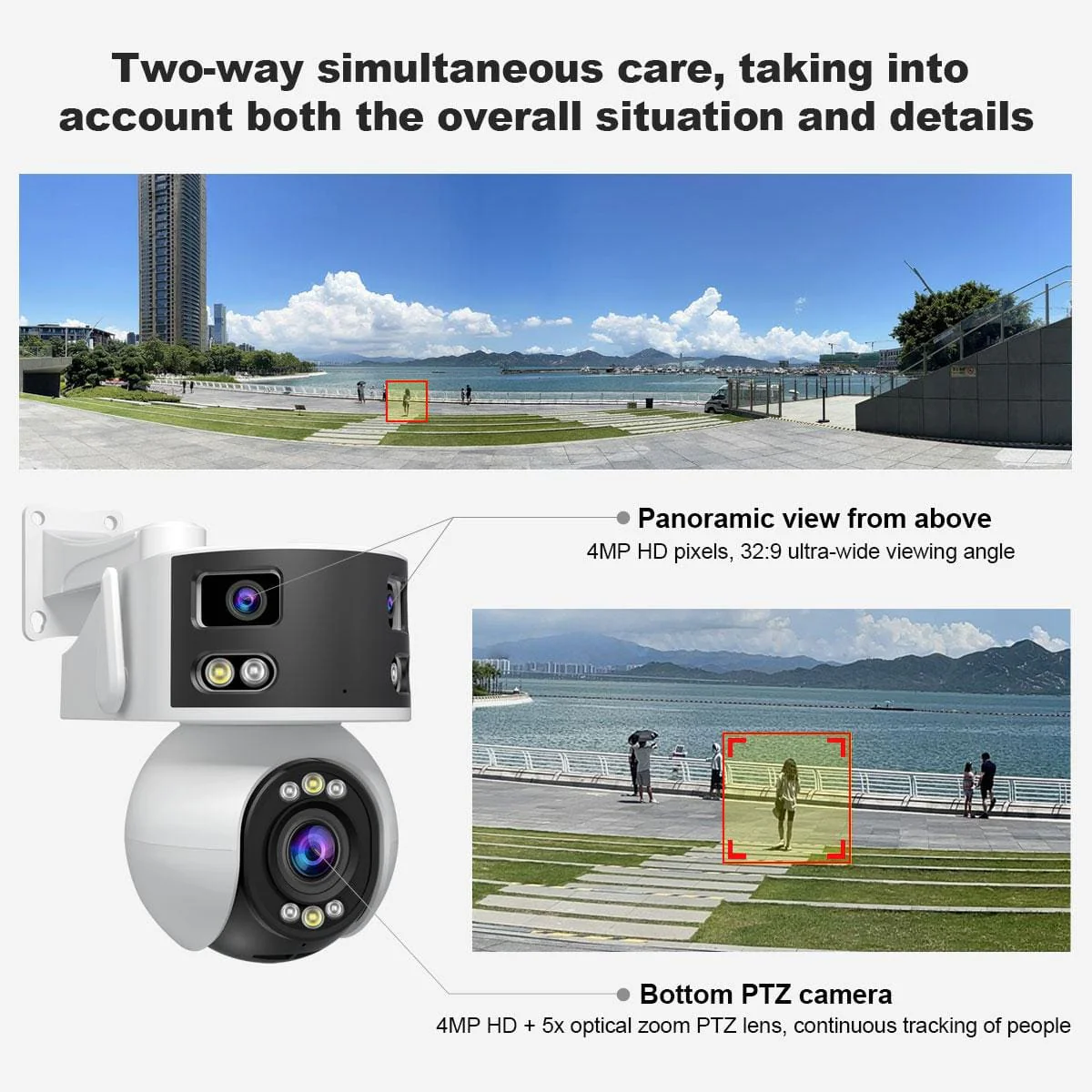 SriHome SH055 4MP+2MP+2MP 5X Optical Zoom Wi-Fi Tri-Lens PTZ Camera, Panoramic View - Image 3