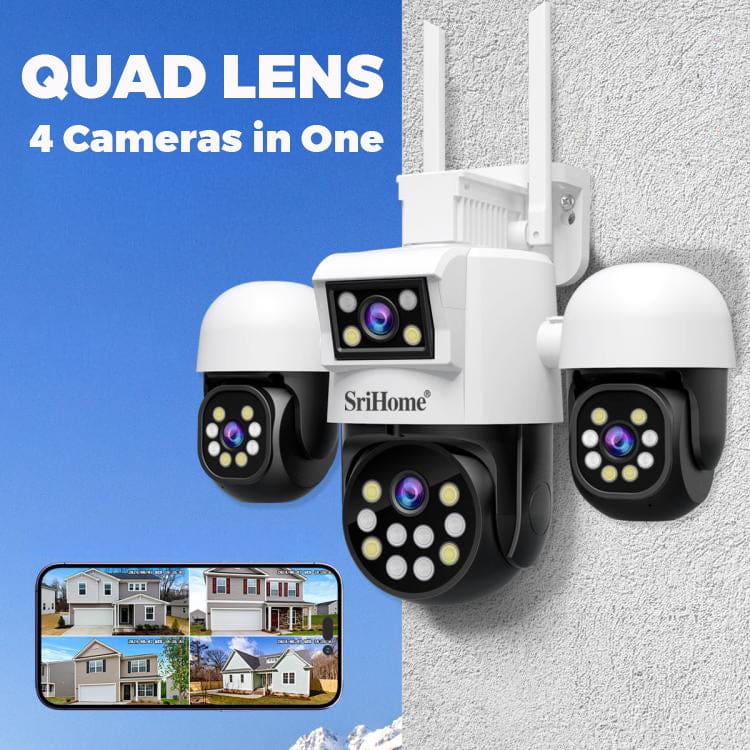 SriHome SH069 4-In-1 Quad Lens Wi-Fi Smart Security Camera, 3 x Pan/Tilt and 1 x Static Lens