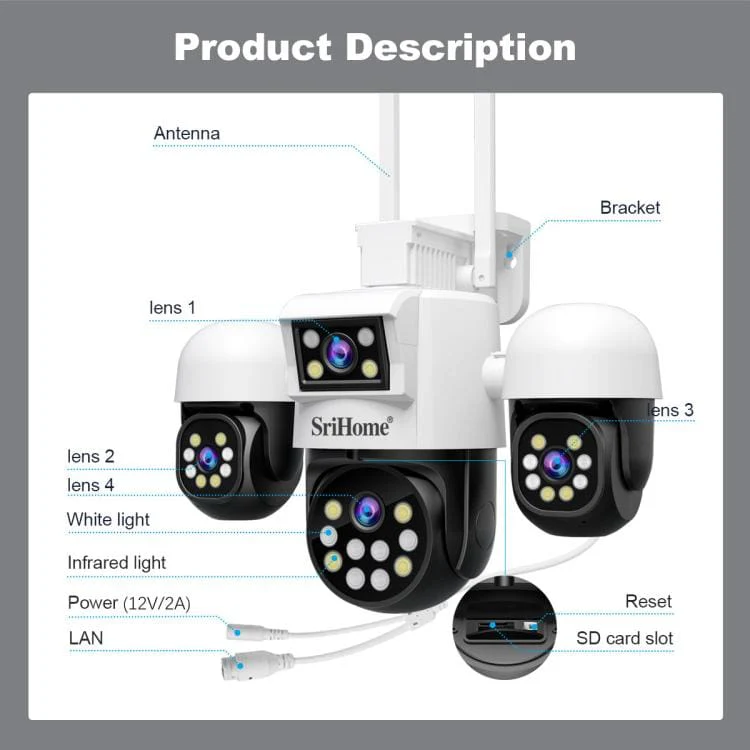 SriHome SH069 4-In-1 Quad Lens Wi-Fi Smart Security Camera, 3 x Pan/Tilt and 1 x Static Lens - Image 12