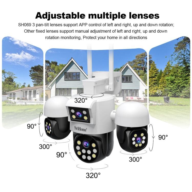 SriHome SH069 4-In-1 Quad Lens Wi-Fi Smart Security Camera, 3 x Pan/Tilt and 1 x Static Lens - Image 4