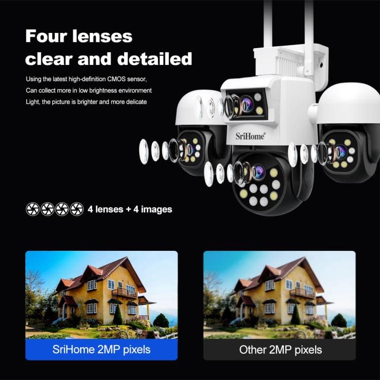 SriHome SH069 4-In-1 Quad Lens Wi-Fi Smart Security Camera, 3 x Pan/Tilt and 1 x Static Lens - Image 5