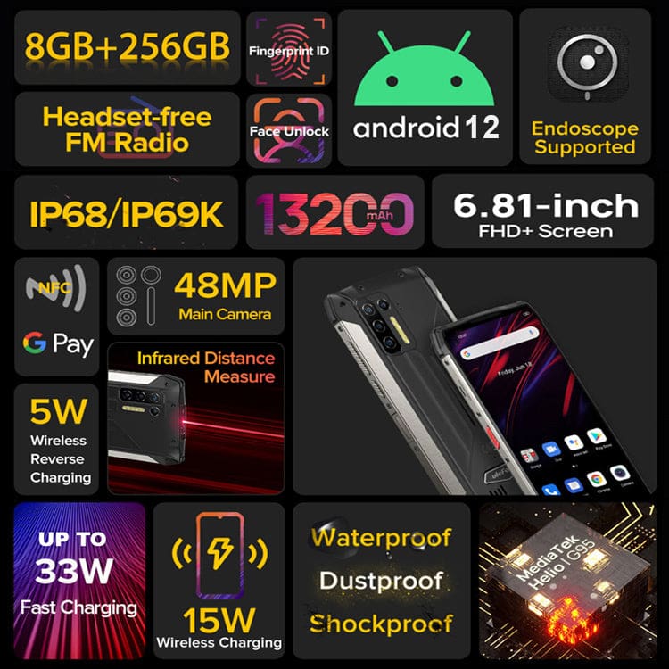 [TRADE-IN]  Ulefone Power Armor 13 13200mA Mega Battery Rugged, 6.81" FHD +Display, 8GB RAM + 256GB, 48MP Quad Camera, IR Rangefinder, 20W Fast Charger, Wireless Charge - Image 4