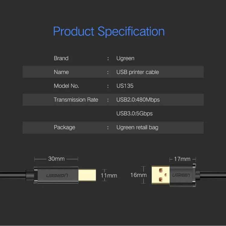 UGREEN USB 3.0 Type A Male to Type B Male Printer Cable, 2 Metre - Image 2