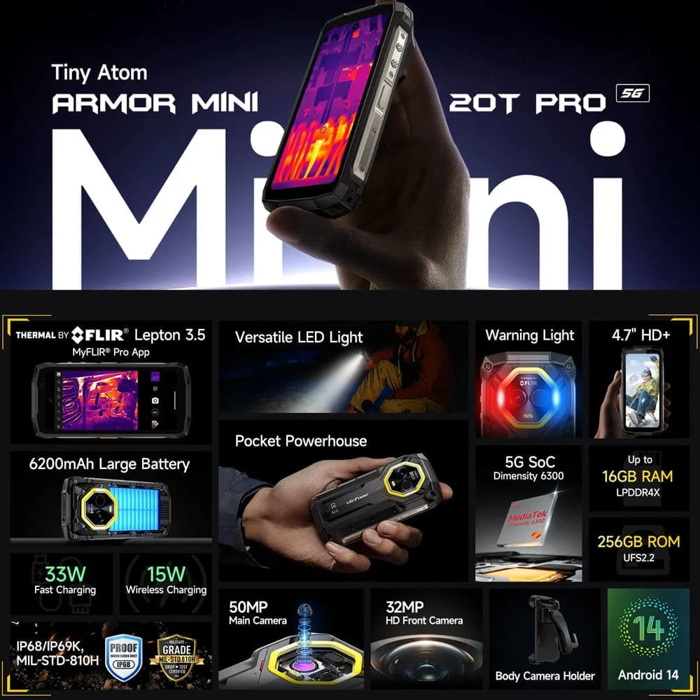 Ulefone Armor Mini 20T Pro 5G, FLIR Thermal Camera, 8GB RAM+256GB, 4.7" Display - Image 2