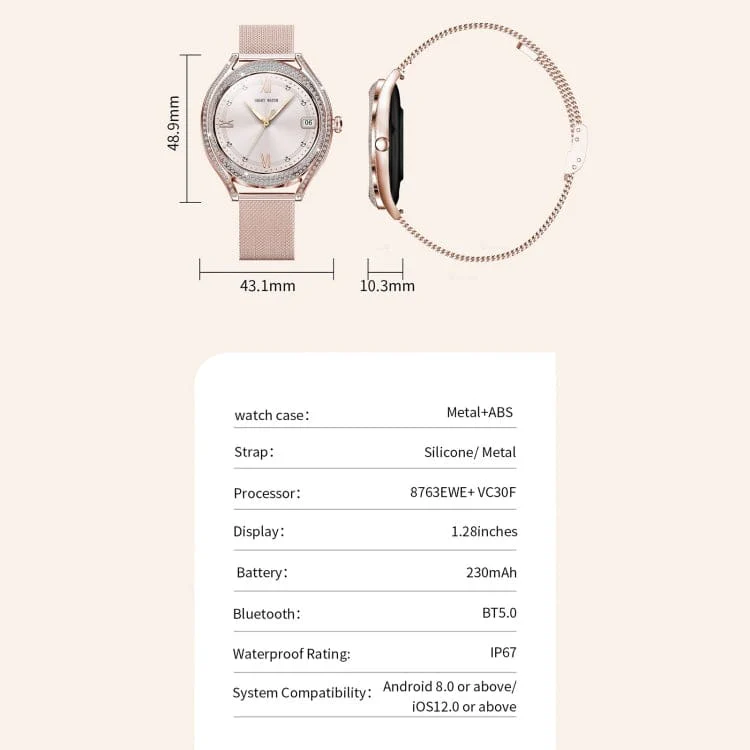 V66 Womens Smart Watch, Fitness Tracker, 1.28in AMOLED Display, Sports Modes, Music Control, Alarms, Notifications - Image 2
