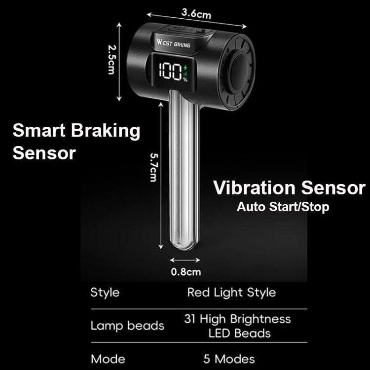 WEST BIKING SM2 Smart Brake Sensing Bike Tail Light | 180° Wide Angle LED | Digital Battery Display - Image 3