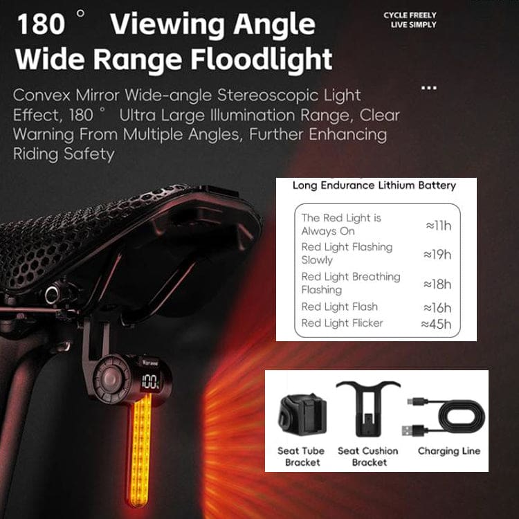 WEST BIKING SM2 Smart Brake Sensing Bike Tail Light | 180° Wide Angle LED | Digital Battery Display - Image 4
