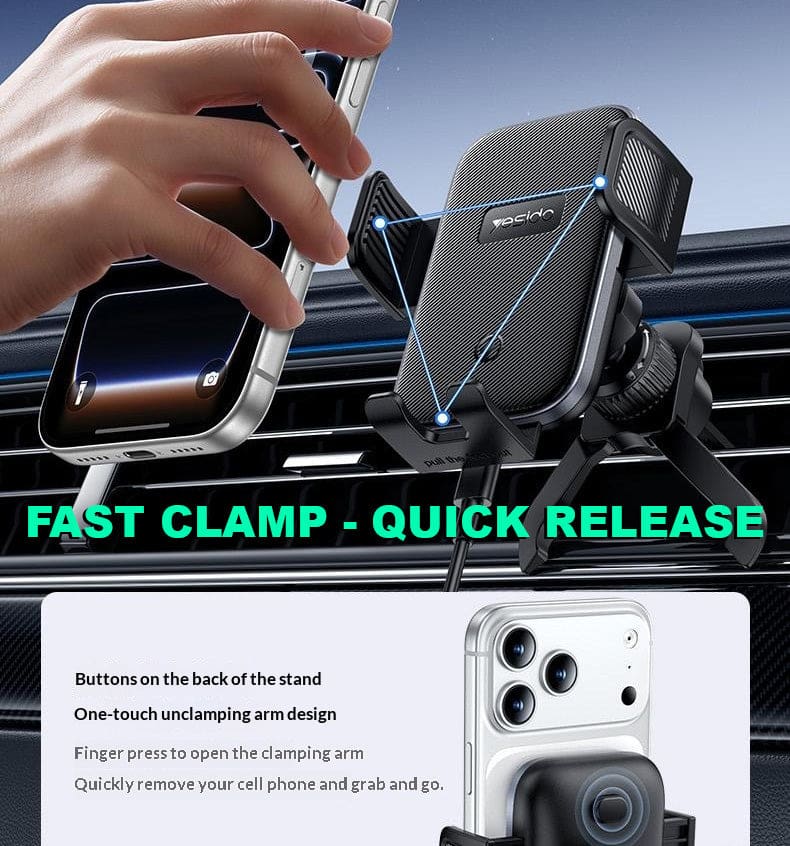 Yesido C318 15W Wireless Charging Mount | 15W Fast Charge Clamping Holder - Image 4