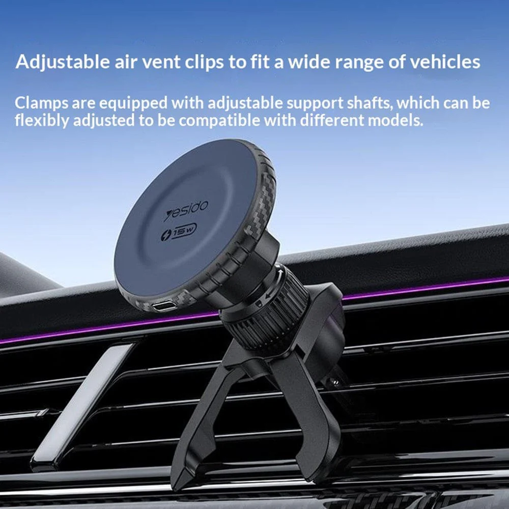 Yesido C319 15W Magnetic Wireless Charging Car Mount | 15W Fast Charge Vent Clamping Holder - Image 2