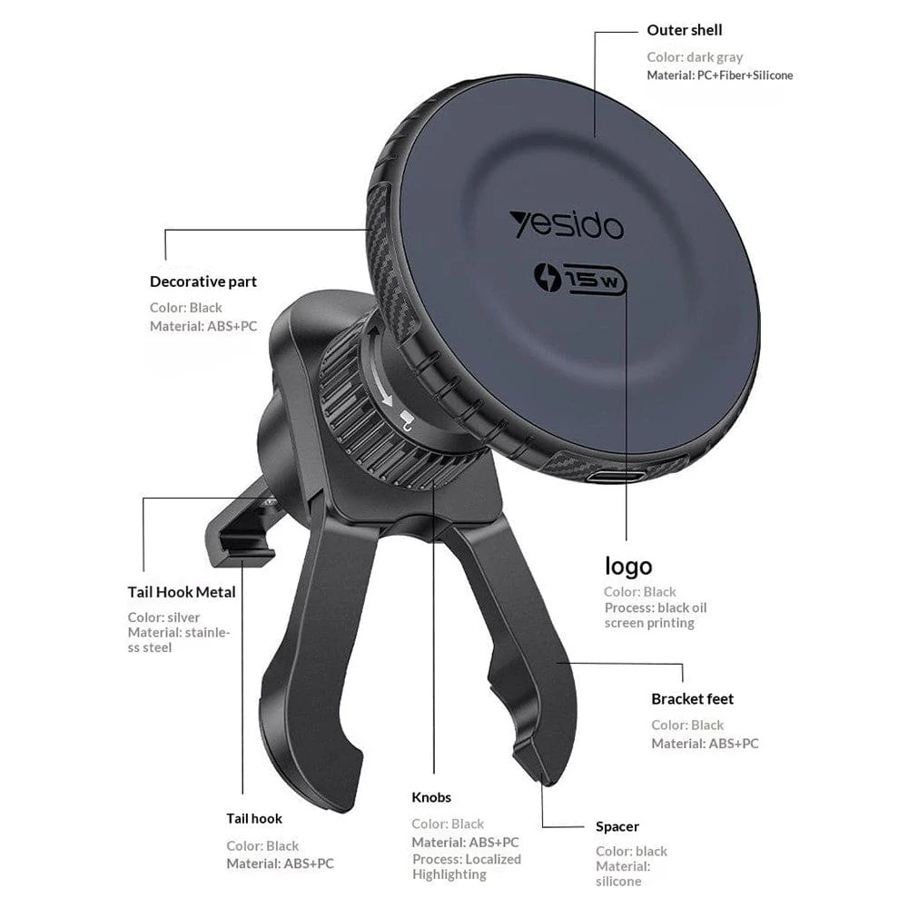 Yesido C319 15W Magnetic Wireless Charging Car Mount | 15W Fast Charge Vent Clamping Holder - Image 7