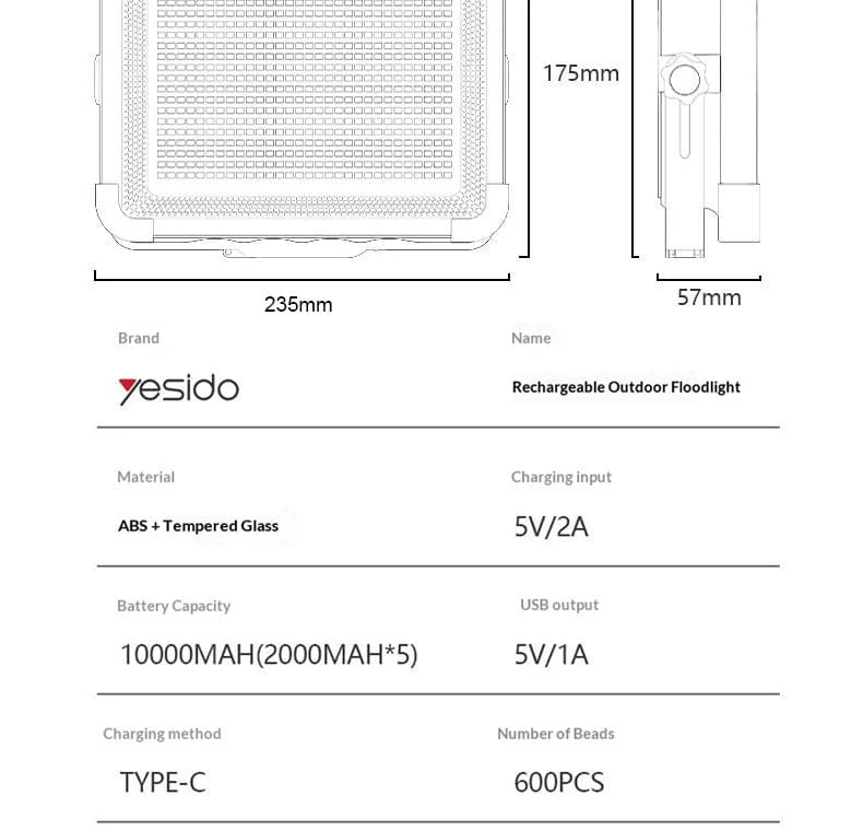 Yesido DH17 Ultra-Bright Site Worklight | 2-in-1 Outdoor Floodlight & 10,000mAh Power Bank - Image 12