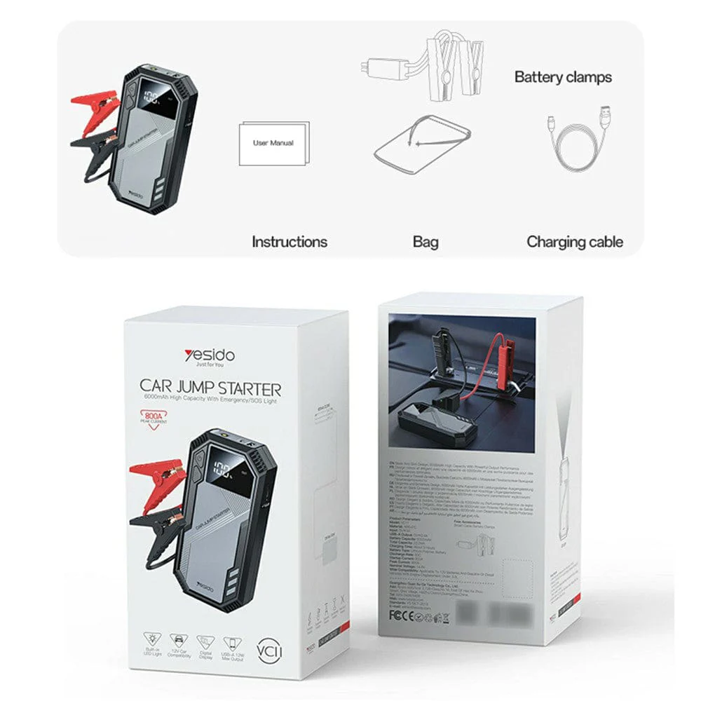 Yesido VC11 6000mAh Car Jump Starter Power Bank With LED Torch - Image 9
